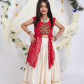 Stunning Red Cream Georgette Bandhani Print Embroidered Indo Western Lehenga Choli for Girls