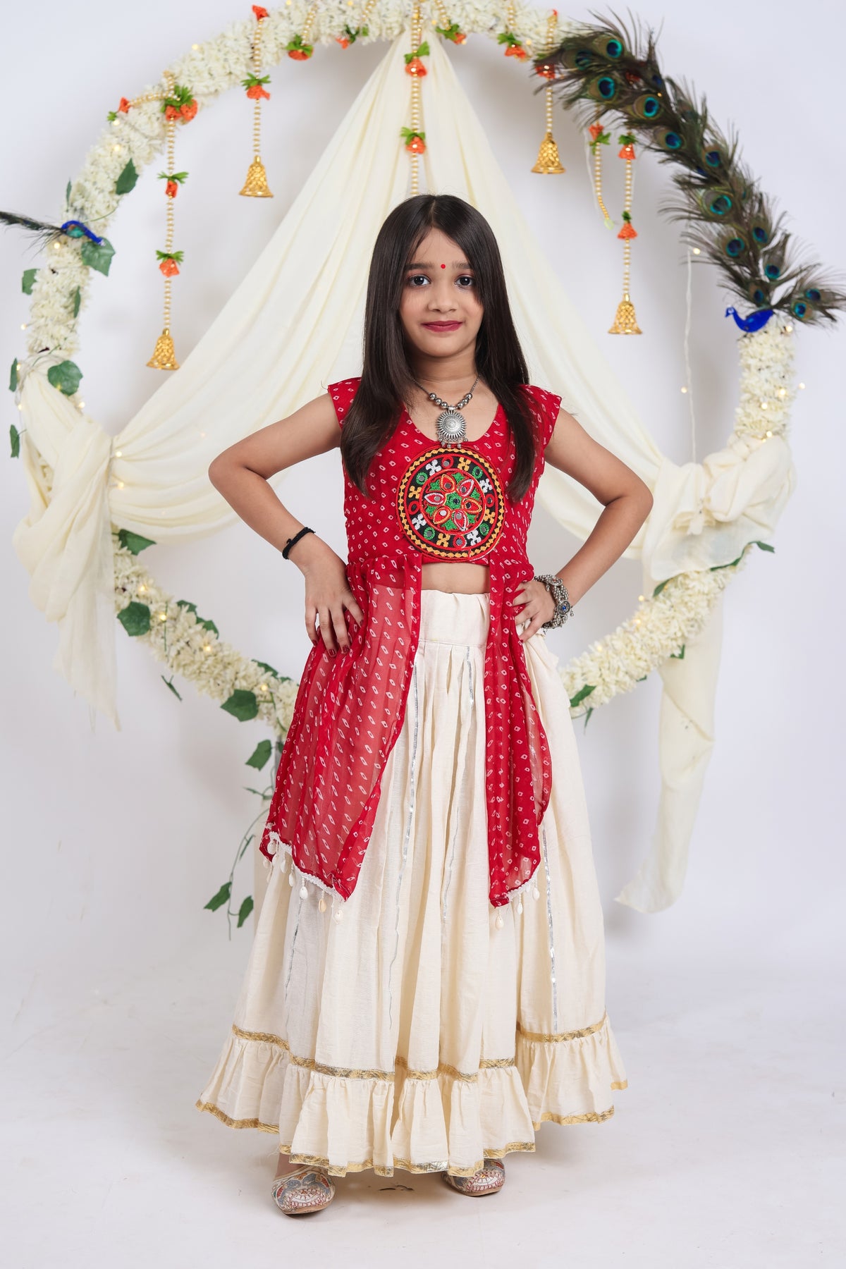 Stunning Red Cream Georgette Bandhani Print Embroidered Indo Western Lehenga Choli for Girls