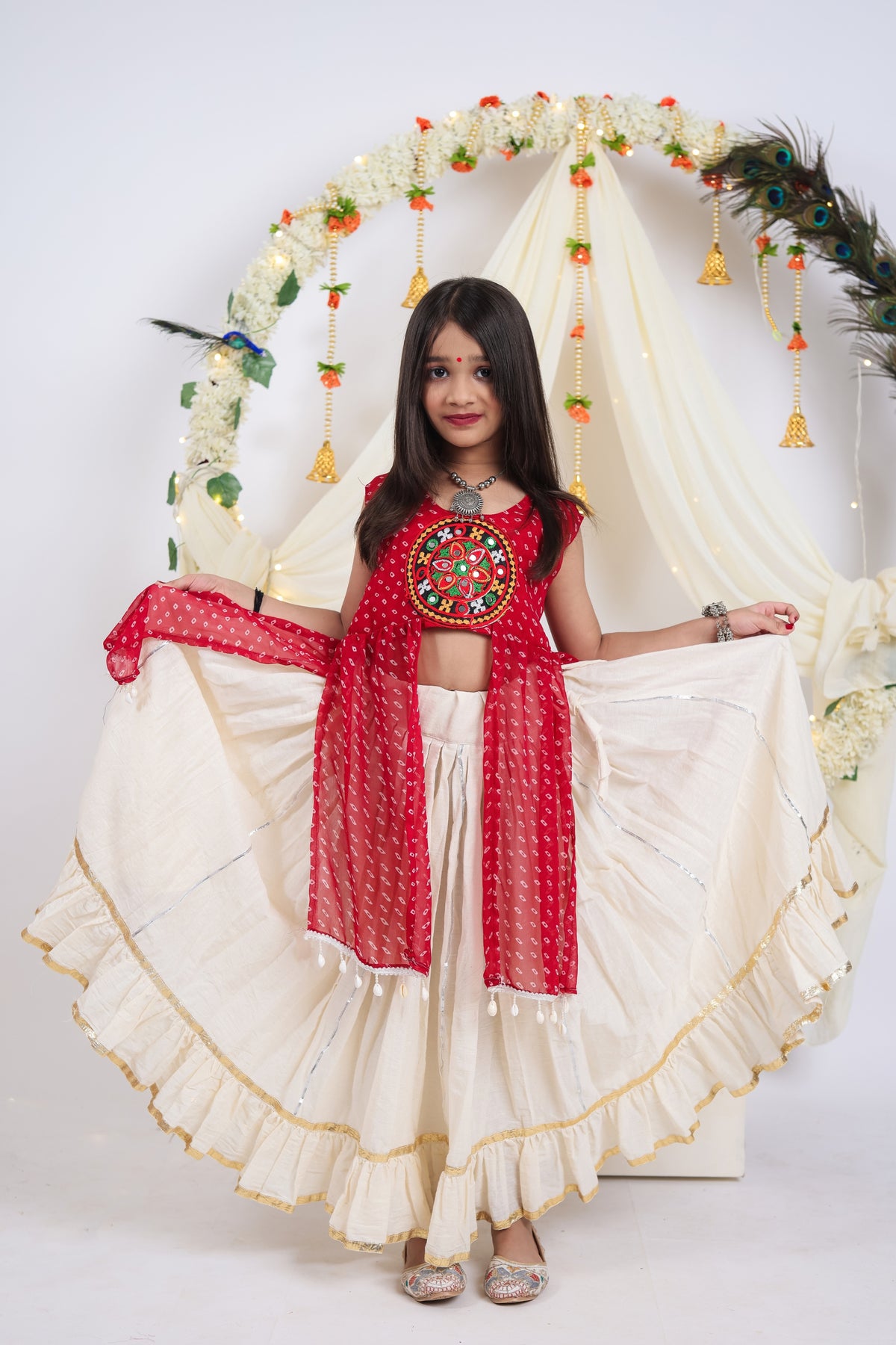 Stunning Red Cream Georgette Bandhani Print Embroidered Indo Western Lehenga Choli for Girls