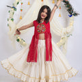 Stunning Red Cream Georgette Bandhani Print Embroidered Indo Western Lehenga Choli for Girls