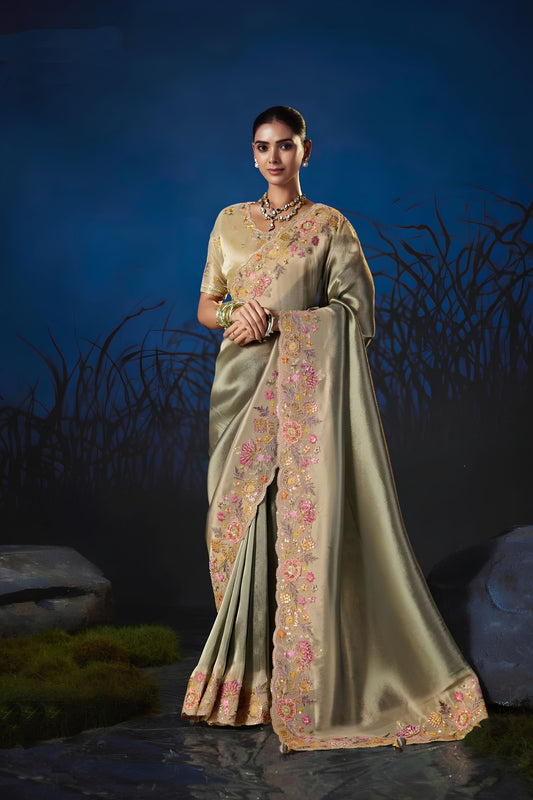 Graceful Olive Green Soft Silk Zari Weaving Saree Embroidery Khatli Work for Women