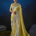 Stylish Yellow Soft Silk Zari Weaving Saree Embroidery Khatli Work for Women