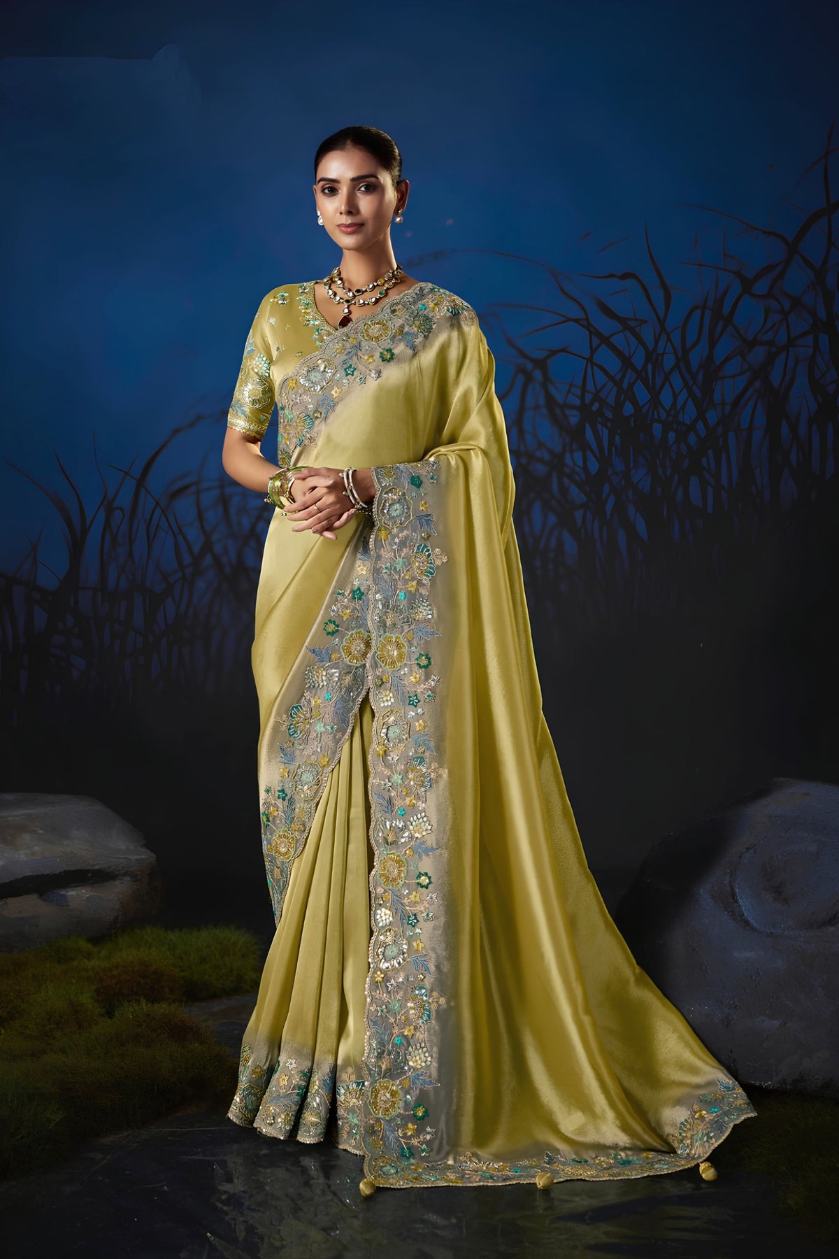 Stylish Yellow Soft Silk Zari Weaving Saree Embroidery Khatli Work for Women