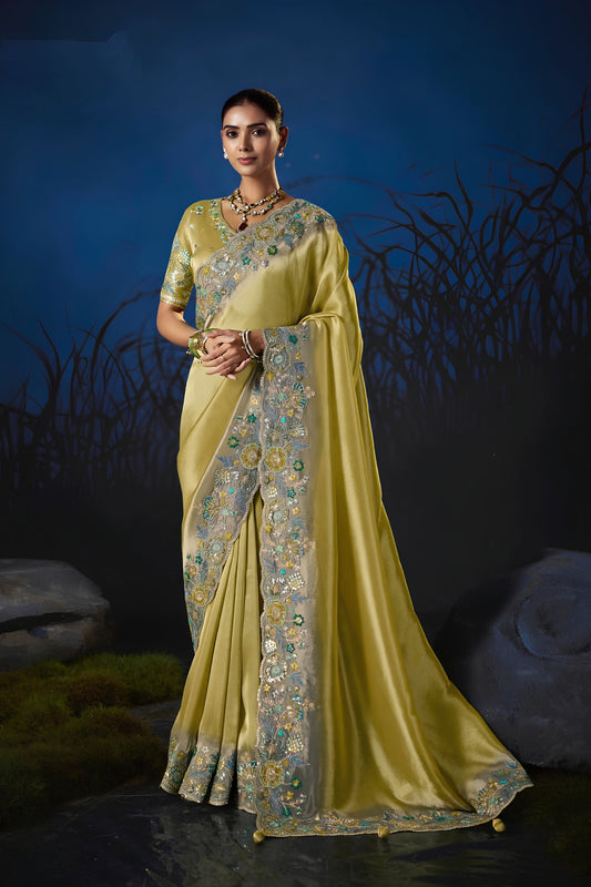 Stylish Yellow Soft Silk Zari Weaving Saree Embroidery Khatli Work for Women