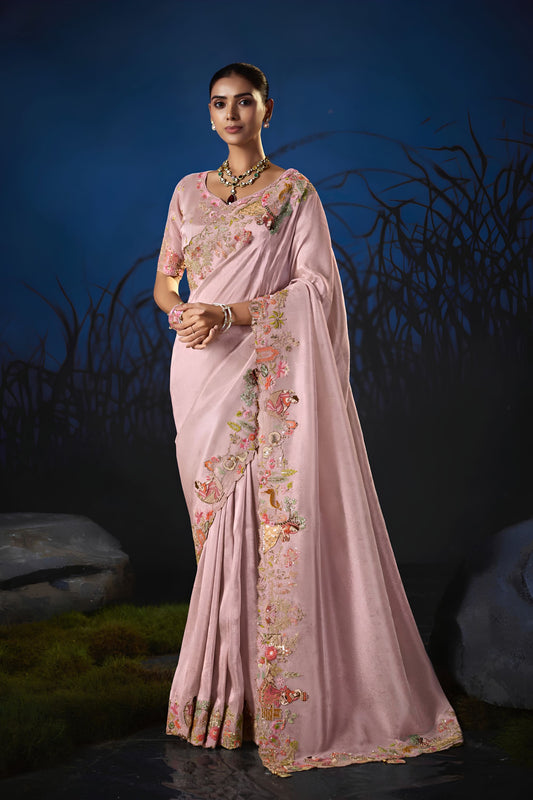 Beautiful Pink Soft Silk Zari Weaving Saree Embroidery Khatli Work for Women