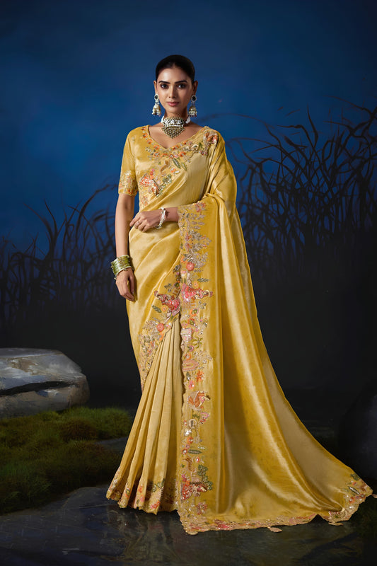Amazing Mustard Yellow Soft Silk Zari Weaving Saree Embroidery Khatli Work for Women