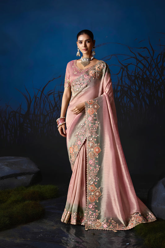 Trendy Light Pink Soft Silk Zari Weaving Saree Embroidery Khatli Work for Women