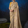 Attractive Beige Soft Silk Zari Weaving Saree Embroidery Khatli Work for Women