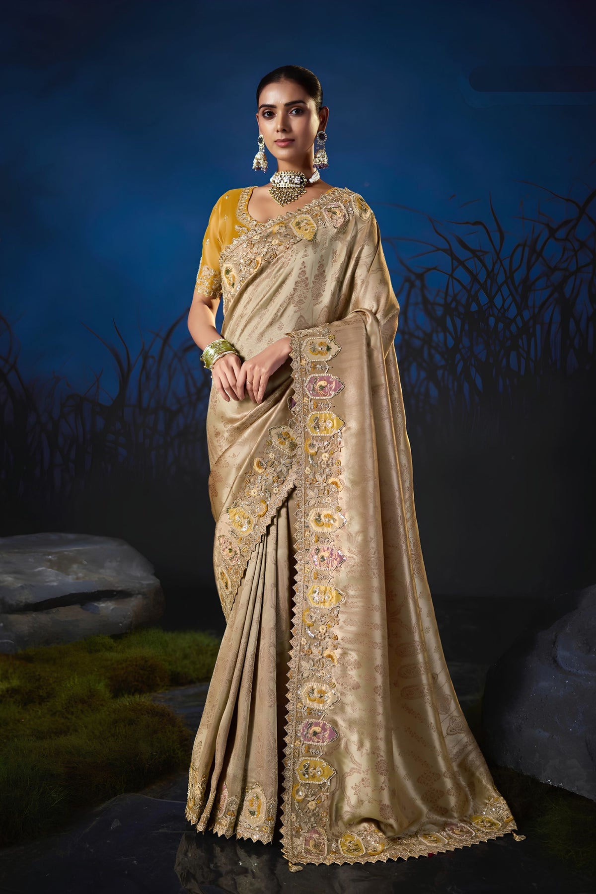 Attractive Beige Soft Silk Zari Weaving Saree Embroidery Khatli Work for Women