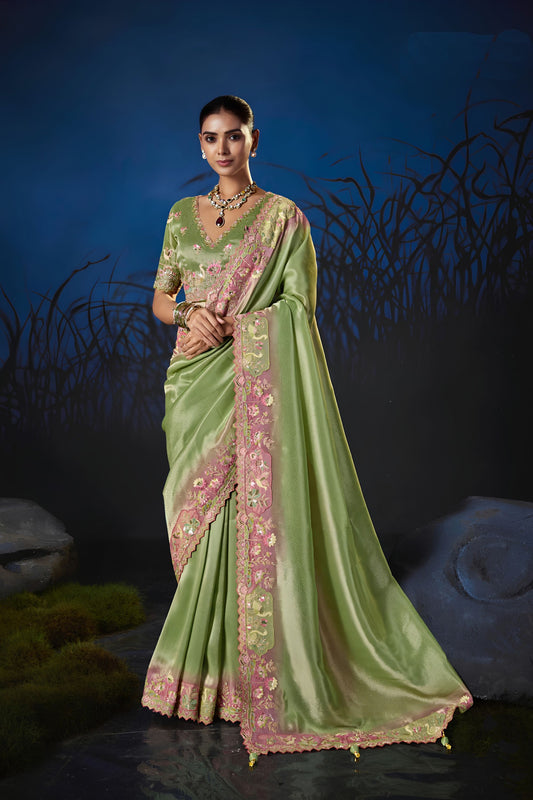 Graceful Green Soft Silk Zari Weaving Saree Embroidery Khatli Work for Women