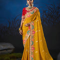Stunning Yellow Soft Silk Zari Weaving Saree Embroidery Khatli Work for Women
