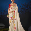 Admirable Cream Soft Silk Zari Weaving Saree Embroidery Khatli Work for Women