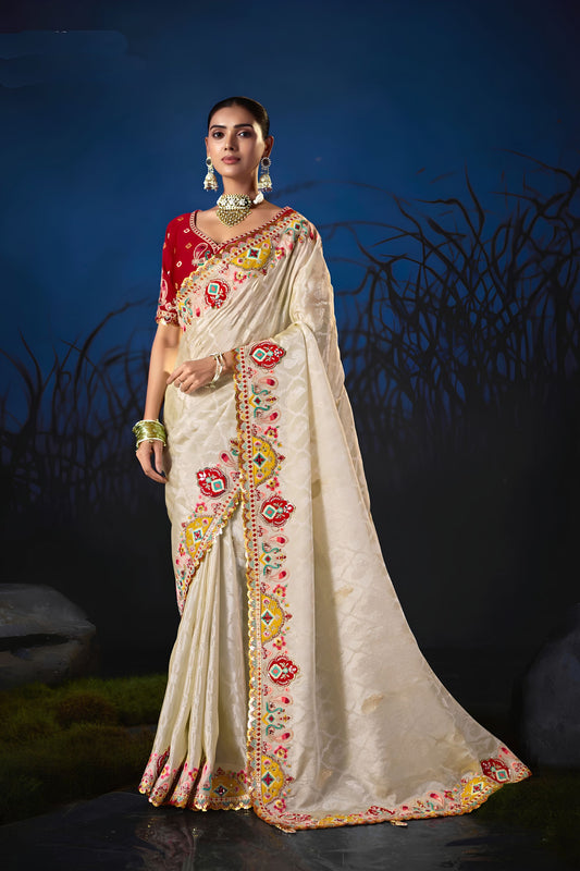Admirable Cream Soft Silk Zari Weaving Saree Embroidery Khatli Work for Women