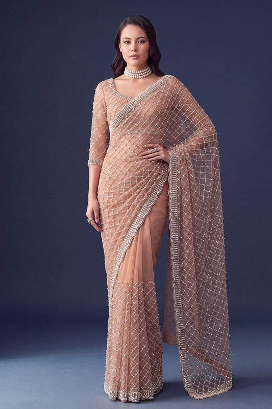 Elegant Peach Net Sequin Embroidered Saree with Pearl Border for Women