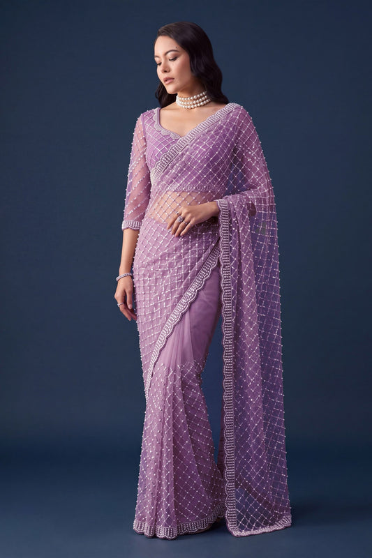 Stylish Lavender Net Sequin Embroidered Saree with Pearl Border for Women