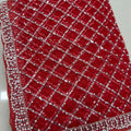 Gorgeous Red Net Sequin Embroidered Saree with Pearl Border for Women