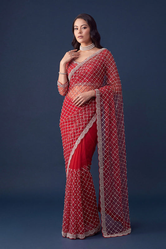 Gorgeous Red Net Sequin Embroidered Saree with Pearl Border for Women