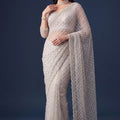 Premium White Net Sequin Embroidered Saree with Pearl Border for Women