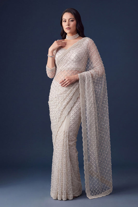 Premium White Net Sequin Embroidered Saree with Pearl Border for Women