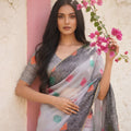 Elegant Grey Space Silk Digital Print Bhungali Work Saree Lace Border for Women