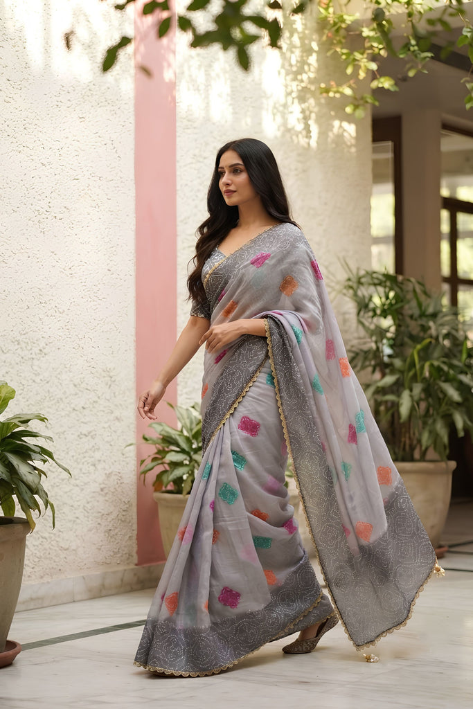 Elegant Grey Space Silk Digital Print Bhungali Work Saree with Lace Border for Women