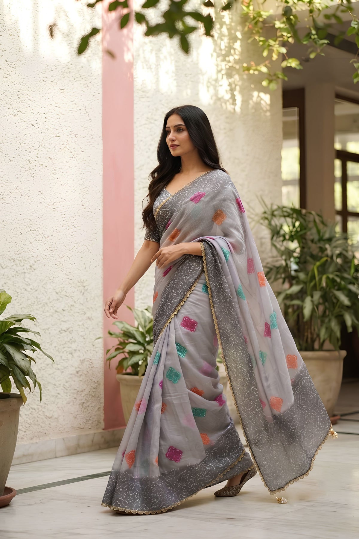 Elegant Grey Space Silk Digital Print Bhungali Work Saree with Lace Border for Women
