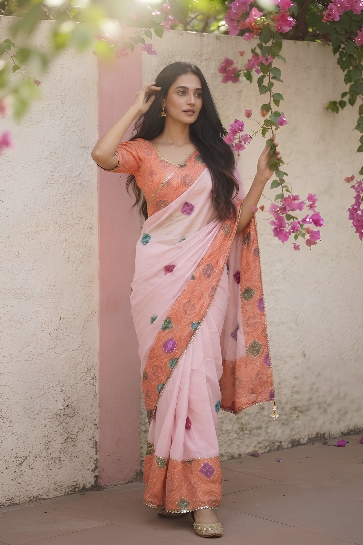 Beautiful Pink Space Silk Digital Print Bhungali Work Saree Lace Border for Women