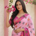 Stylish Hot Pink Space Silk Digital Print Bhungali Work Saree Lace Border for Women