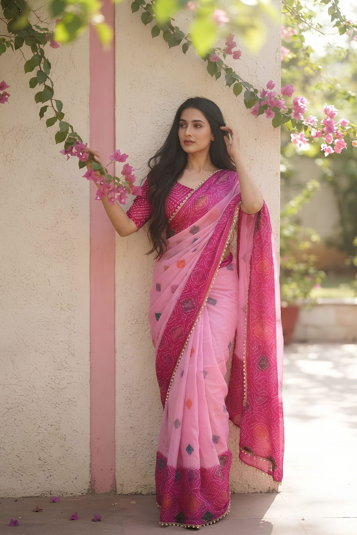 Stylish Hot Pink Space Silk Digital Print Bhungali Work Saree Lace Border for Women