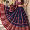 Stunning Navy Blue Chinon Ajrakh Printed Designer Lehenga Choli with Dupatta for Women