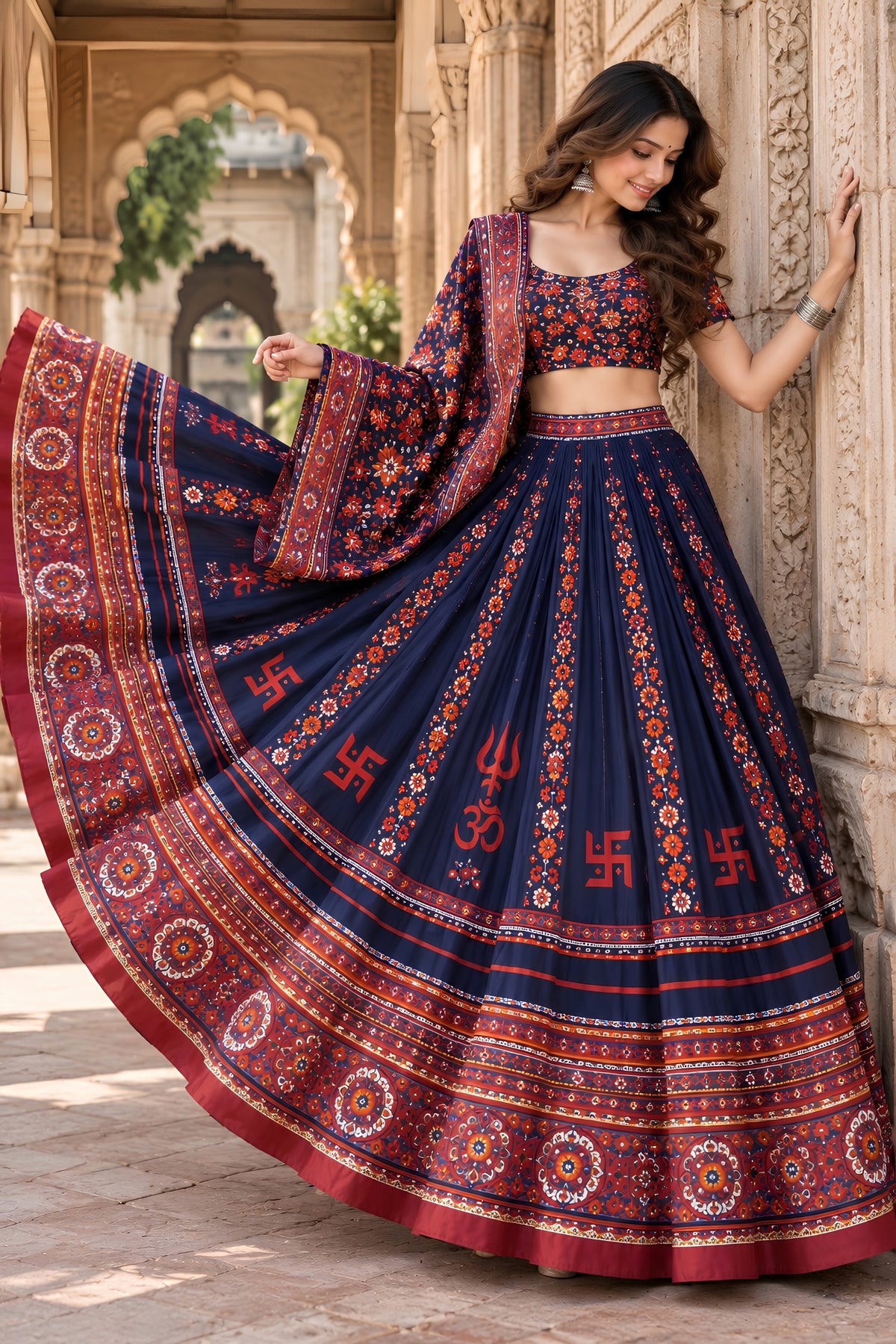 Stunning Navy Blue Chinon Ajrakh Printed Designer Lehenga Choli with Dupatta for Women