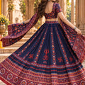 Stunning Navy Blue Chinon Ajrakh Printed Designer Lehenga Choli with Dupatta for Women