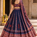 Stunning Navy Blue Chinon Ajrakh Printed Designer Lehenga Choli with Dupatta for Women