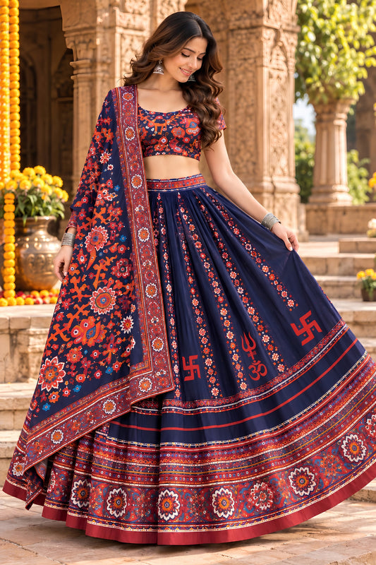 Stunning Navy Blue Chinon Ajrakh Printed Designer Lehenga Choli with Dupatta for Women