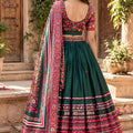 Elegant Dark Green Chinon Ajrakh Printed Designer Lehenga Choli with Dupatta for Women