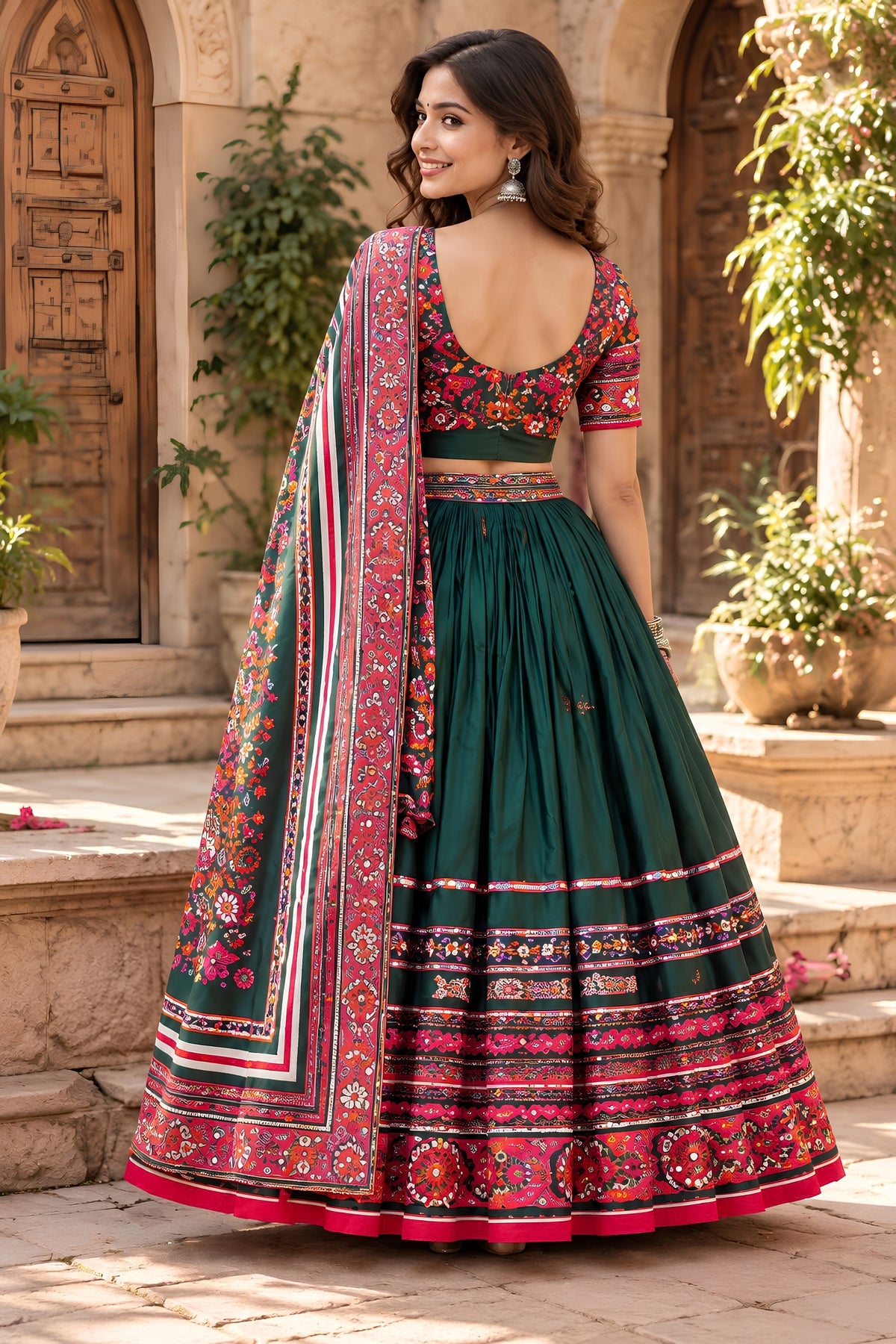 Elegant Dark Green Chinon Ajrakh Printed Designer Lehenga Choli with Dupatta for Women