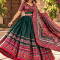 Elegant Dark Green Chinon Ajrakh Printed Designer Lehenga Choli with Dupatta for Women