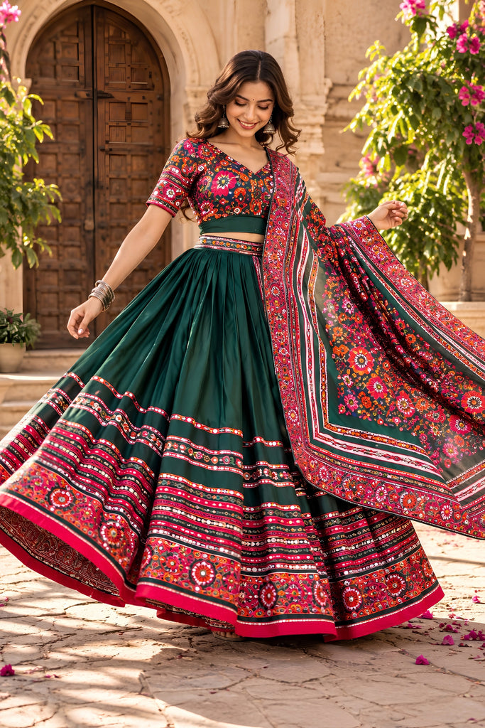 Elegant Dark Green Chinon Ajrakh Printed Designer Lehenga Choli with Dupatta for Women