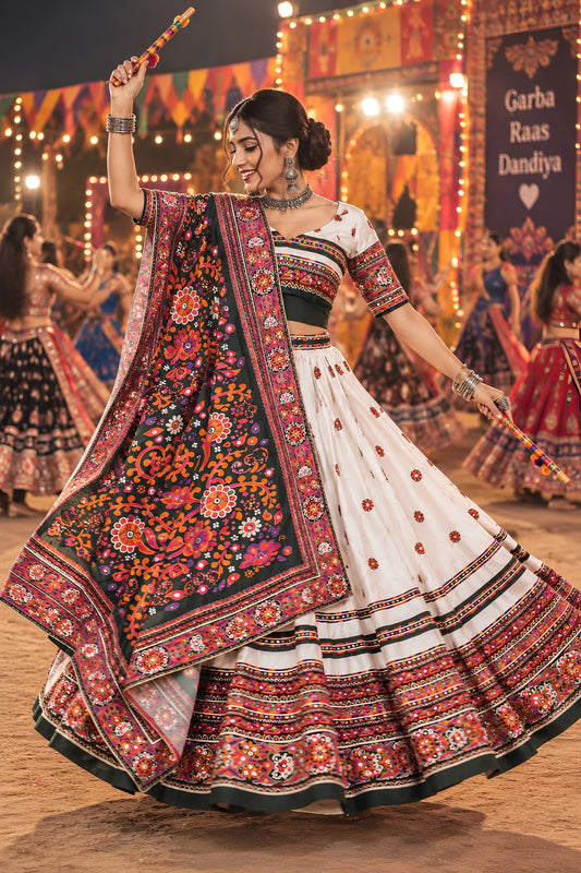 Stylish White Chinon Ajrakh Printed Designer Lehenga Choli with Dupatta for Women