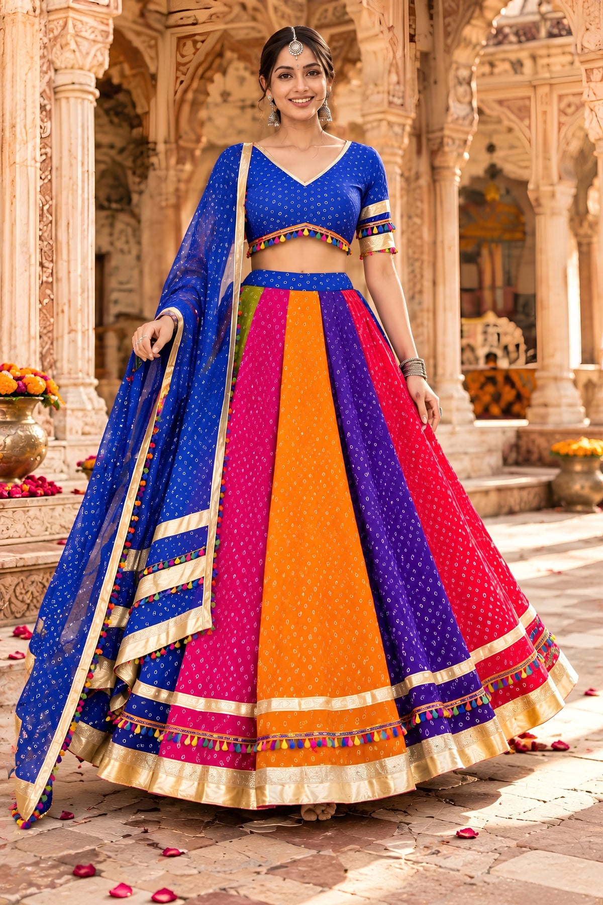 Glorious Royal Blue Georgette Multicolor Designer Lehenga Choli with Lace Work and Dupatta
