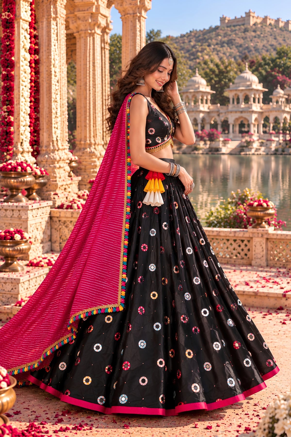 Stunning Black Roman Silk Designer Lehenga Choli with Mirror Work and Dupatta