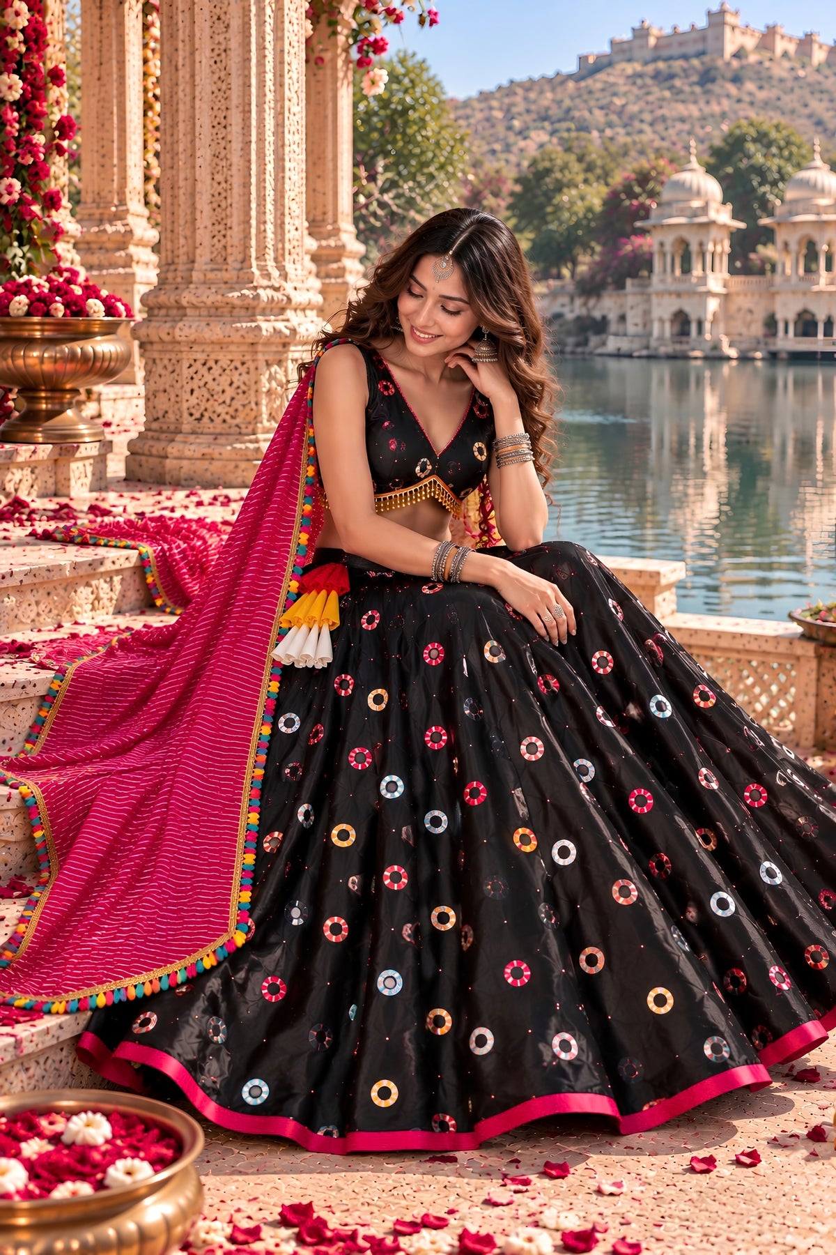 Stunning Black Roman Silk Designer Lehenga Choli with Mirror Work and Dupatta