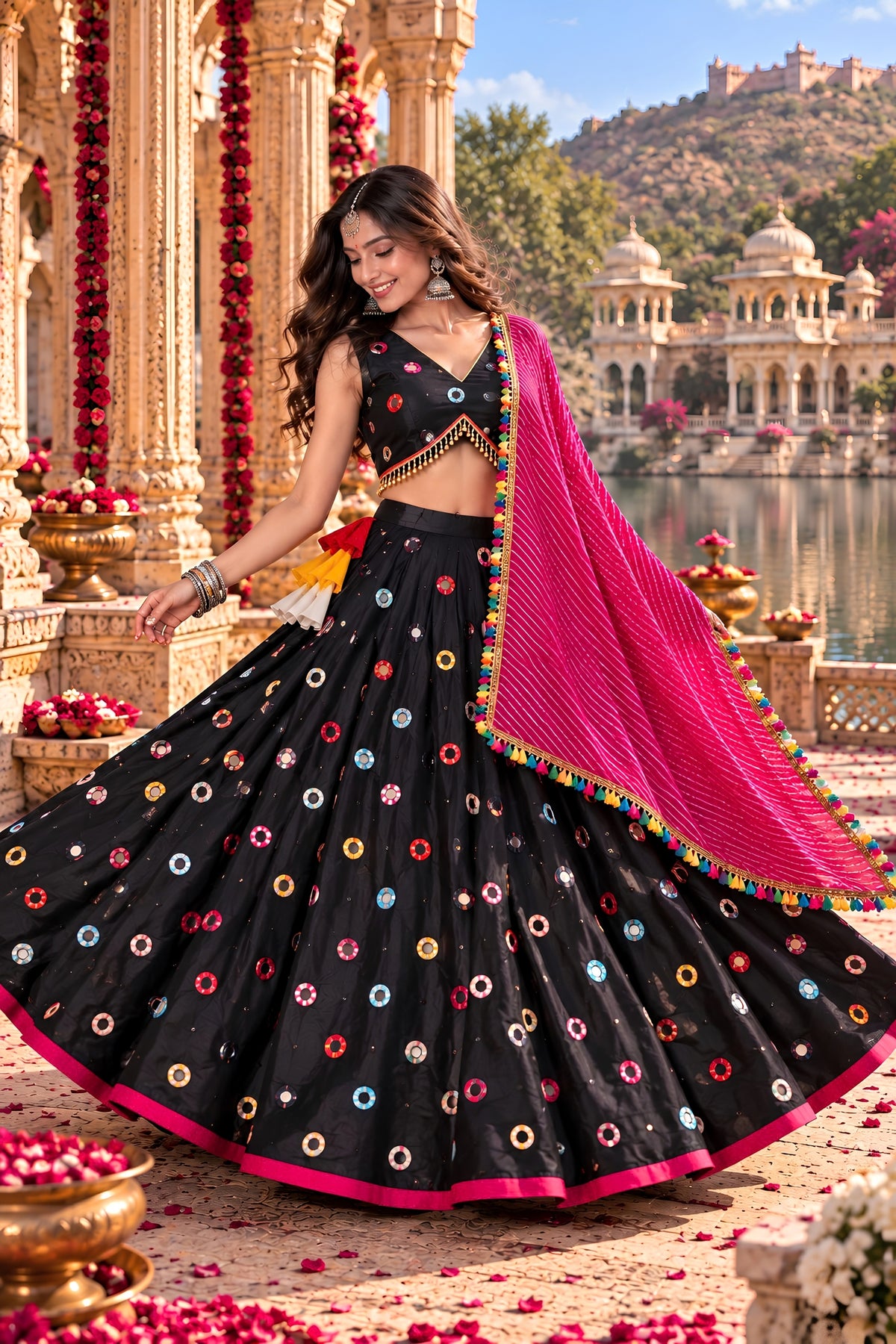 Stunning Black Roman Silk Designer Lehenga Choli with Mirror Work and Dupatta