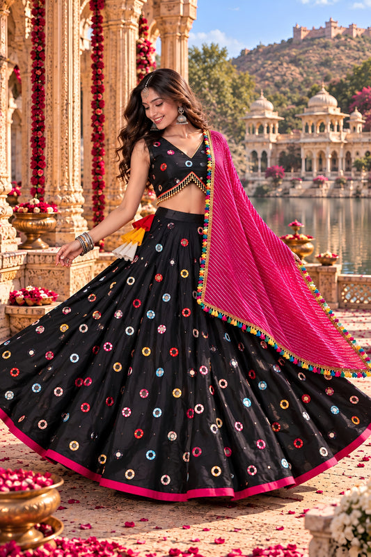 Stunning Black Roman Silk Designer Lehenga Choli with Mirror Work and Dupatta