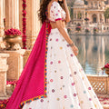 Stunning White Roman Silk Designer Lehenga Choli with Mirror Work and Pink Dupatta