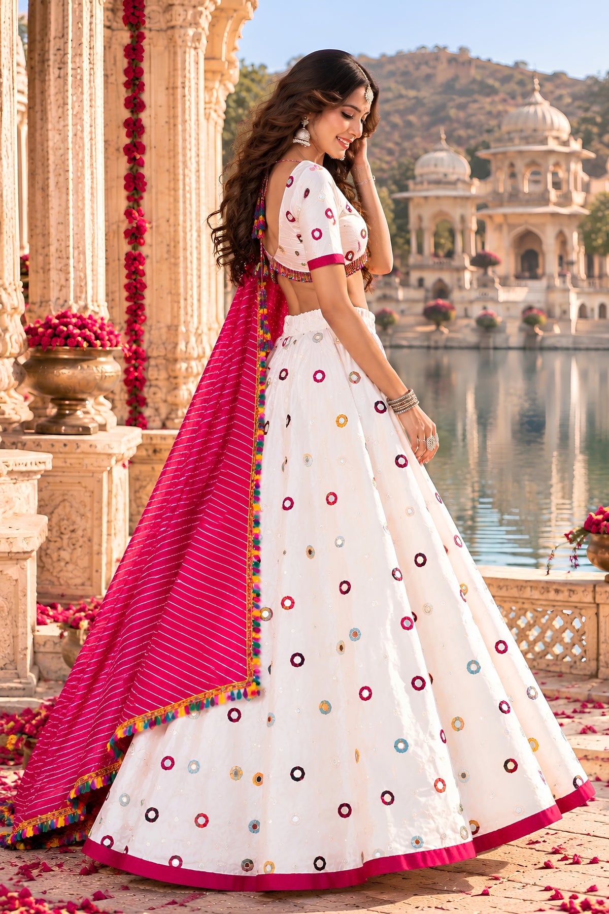 Stunning White Roman Silk Designer Lehenga Choli with Mirror Work and Pink Dupatta