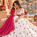 Stunning White Roman Silk Designer Lehenga Choli with Mirror Work and Pink Dupatta