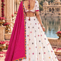 Stunning White Roman Silk Designer Lehenga Choli with Mirror Work and Pink Dupatta