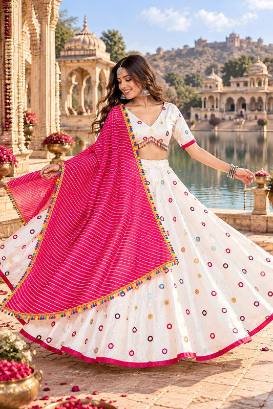 Stunning White Roman Silk Designer Lehenga Choli with Mirror Work and Pink Dupatta