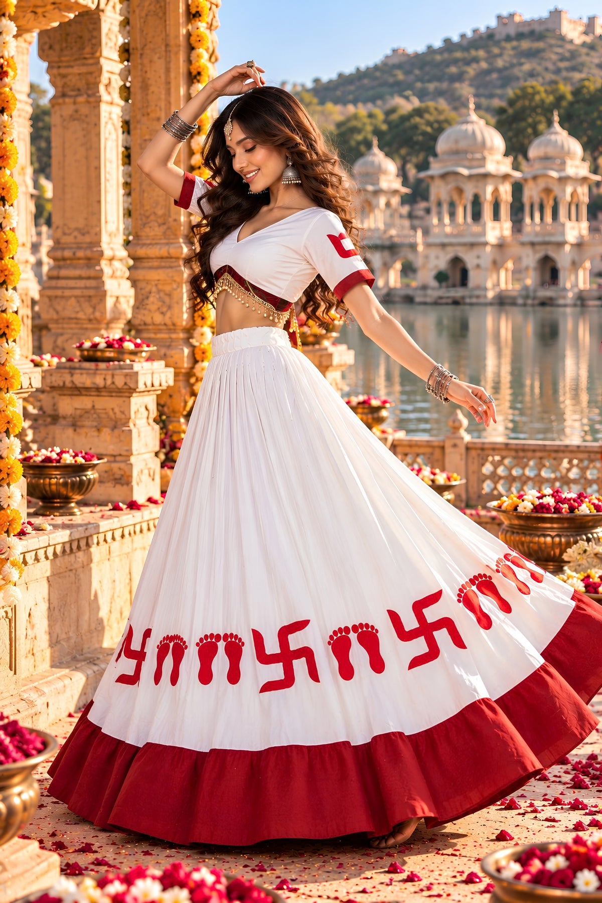 Beautiful White and Red Roman Silk Printed Designer Lehenga Choli with Dupatta for Women